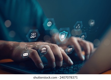 Cybersecurity concept internet Global network security technology, business people protect personal data and information. Encryption with a padlock icon on virtual interface, privacy, safety, cloud
