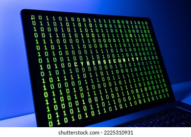 Cybersecurity concept. Laptop screen with cibersecurity word and binary code background