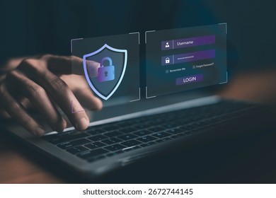 Cybersecurity concept with login screen and security shield icon, representing data protection, online privacy, user authentication, and safe internet access for digital security. data security