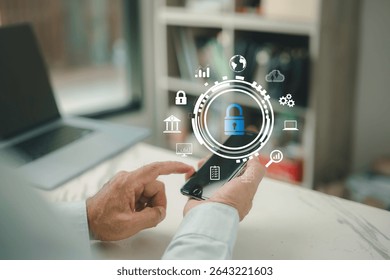 Cybersecurity concept, man hand using smartphone showing virtual padlock icon, coding to unlock personal data, online data security