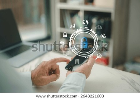 Cybersecurity concept, man hand using smartphone showing virtual padlock icon, coding to unlock personal data, online data security