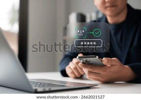 Cybersecurity concept with man using smartphone and face recognition login on digital interface. Perfect for password protection, data security, privacy, and authentication themes.