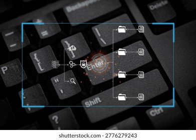 Cybersecurity concept on computer keyboard with digital data icons, representing data protection, encryption, secure access, network system, and information technology in modern digital environment.