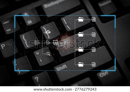 Cybersecurity concept on computer keyboard with digital data icons, representing data protection, encryption, secure access, network system, and information technology in modern digital environment.