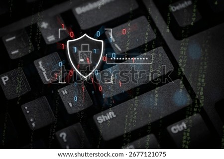 Cybersecurity concept on a keyboard background with digital shield, binary code, and password input, representing secure login, data encryption, and information protection.