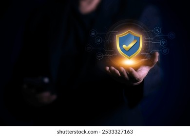 Cybersecurity concept, Cybersecurity and privacy concepts to protect data. Businessman use smartphone with cyber security technology for protecting personal data and secure internet access