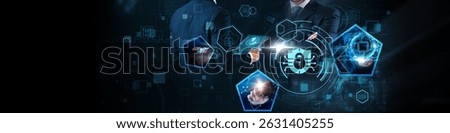 Cybersecurity Concept: Protection, encryption, threat detection, risk management, firewall, data privacy, and secure communication on global business network.
