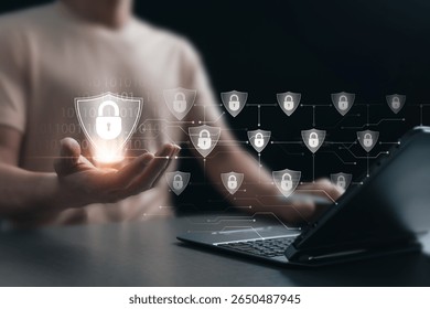 Cybersecurity concept, secure storage of large data files with modern infrastructure through systematic management system, automatic protection system and advanced protection of computer technology.