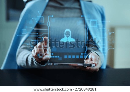 Cybersecurity concept showing hacker identity on digital interface, symbolizing data protection, online privacy, network security, and modern technology threats.
