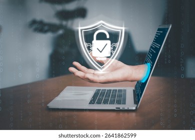 Cybersecurity concept showing a hand reaching out of a laptop holding a padlock with a check mark, symbolizing data protection and digital security in a tech-driven world.