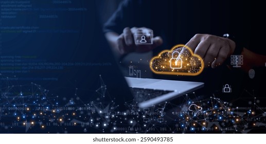 Cybersecurity concept showing hands on laptop with glowing cloud lock icon and digital network background. Ideal for secure data storage, online protection, and tech innovation visuals.
