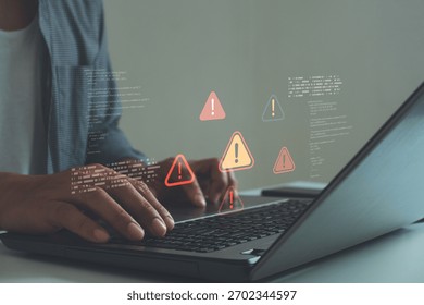 Cybersecurity concept showing a programmer typing on laptop with warning alert icons and code errors, symbolizing data breach, system vulnerability and cyber threat detection in digital networks. - Powered by Shutterstock - Get 15% off with code: PIKWIZARD15