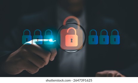 Cybersecurity concept showing a security analyst detecting a data breach. A businessman uses a magnifying glass to identify an unlocked padlock among secure digital locks.