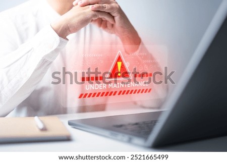 Cybersecurity concept. System warning triangle caution sign for error notification. Security system maintenance, network weaknesses, illegal compromised connection, cyber threat attack on computer.