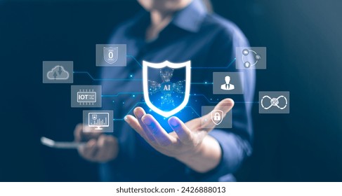 Cybersecurity concept of technology that can be used to detect and respond to threats in real time and automatically. Computer security. Cloud computing. AI, marketing in metaverse