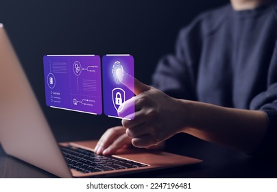 Cybersecurity concept. User log in to access computer laptop. Biometric identification fingerprint username and password user authentication system. information security, encryption confidential,