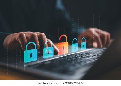 Cybersecurity concept, user privacy security and encryption, secure internet access Future technology and cybernetics, screen padlock. Internet network data protection, anti hacker, cybercrime