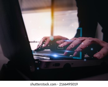 Cybersecurity concept,businessman using laptop computer, identification access personal,shield and padlock,preventing website attack hacker attack information,Ai Artificial intelligence technology