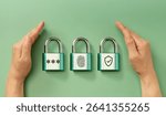 Cybersecurity Conceptual image. Hands securing padlocks representing password, fingerprint, and shield for digital authentication and multi-layered security