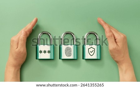 Cybersecurity Conceptual image. Hands securing padlocks representing password, fingerprint, and shield for digital authentication and multi-layered security