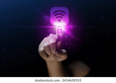Cybersecurity concept,Wifi Wireless internet connection network technology concept. Hand pressing button on virtual screen. icon security key lock and unlock on the virtual display.