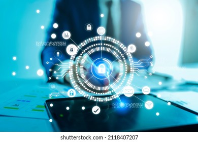 Cybersecurity cybercrime internet scam, businessman mobile tablet digital network technology computer virus attack risk protection, identity privacy data hacking, AI artificial intelligence firewall
