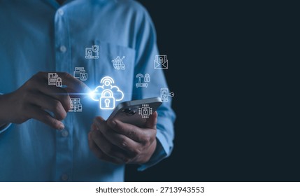 Cybersecurity dashboard interface showing data protection, man login and network technology, digital padlock security systems, privacy controls.