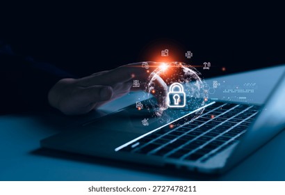 Cybersecurity dashboard interface showing data protection, man login and network technology, digital padlock security systems, privacy controls.