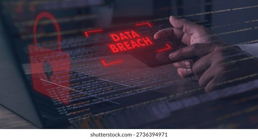 Cybersecurity data breach alert concept showing hacked network systems, digital lock and warning message, representing information security risk, incident response, compliance, and protection of sensitive data.