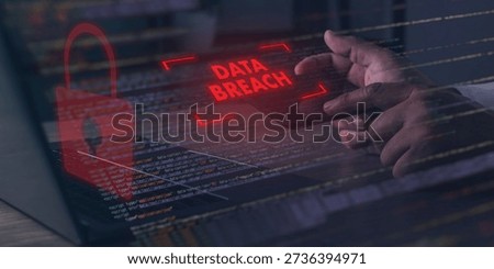 Cybersecurity data breach alert concept showing hacked network systems, digital lock and warning message, representing information security risk, incident response, compliance, and protection of sensitive data.