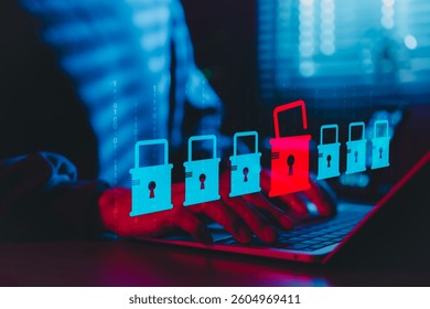 Cybersecurity and Data Breach Risk Concept. A person using laptop with digital padlock icons, red open lock symbolizing data breach, representing cybersecurity threats and data protection issues. - Powered by Shutterstock - Get 15% off with code: PIKWIZARD15
