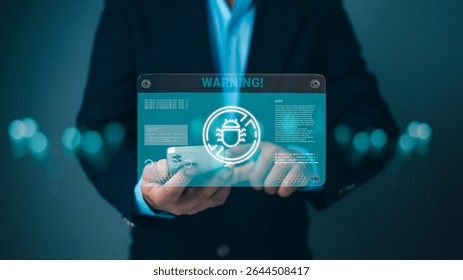Cybersecurity, data breaches, technology risk, digital protection, privacy,  hacking, and cyberattack prevention. Businessman holding a smartphone with a futuristic holographic warning and bug icon.