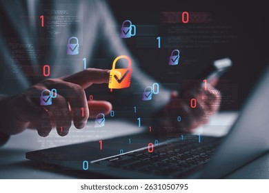 Cybersecurity and data encryption concept with binary code and digital locks. Man using smartphone and laptop to secure online access, protect identity, and ensure safe communication.