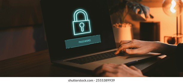 Cybersecurity and data encryption concept. Laptop privacy security and encryption with digital padlock icon and password required, representing data protection
