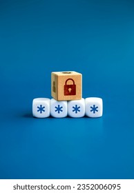 Cybersecurity, data protection, 2FA, multi factor verification, business privacy technology concepts. Lock icons on wooden cube block and asterisks, password symbol on white dice on blue background.