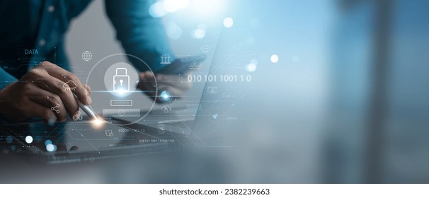 Cybersecurity data protection, businessman using laptop and tablet internet network security, protect business financial transaction data from cyber attack, user private data security encryption. - Powered by Shutterstock