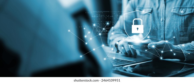 Cybersecurity data protection, businessman using laptop and smartphone internet network security, protect business financial transaction data from cyber attack, user private data security encryption. - Powered by Shutterstock