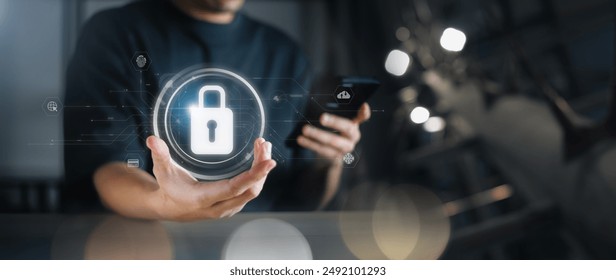 Cybersecurity data protection, businessman using laptop and smartphone internet network security, protect business financial transaction data from cyber attack, user private data security encryption.