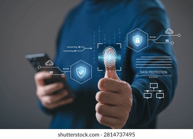 Cybersecurity and data protection concept with biometric fingerprint authentication and secure digital network interface, representing privacy protection, secure mobile access, identity verification.