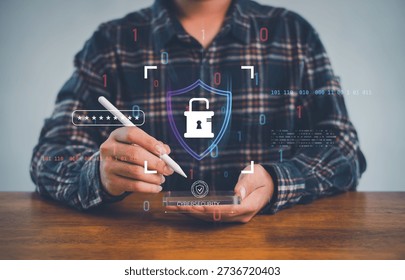 Cybersecurity and data protection concept with digital lock shield and password interface, representing secure access, online privacy, information security, encryption, and digital safety technology.
