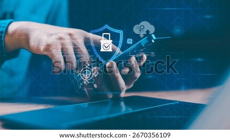Cybersecurity and data protection concept with digital lock icon, shield, OTP authentication, and zero trust security for safe mobile access and secure cloud technology integration.