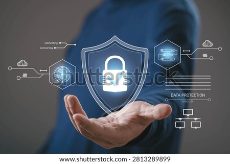 Cybersecurity and data protection concept with digital shield and padlock interface above an open hand, representing network security, cloud protection, privacy, encryption, and secure technology.