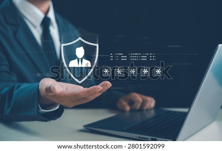 Cybersecurity and data protection concept featuring digital identity security, password authentication, privacy management, access control, and secure online business operations.