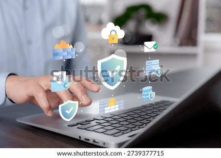 Cybersecurity and data protection concept with network security, firewall, cloud protection, and secure digital communication system.
