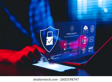 Cybersecurity and Data Protection Concept. A person interact with secure login interface on device, cyber security, data protection, digital identity, screen padlock, and system security technology.