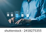 Cybersecurity and data protection concept. User enter password for personal information access. Data login protect and secure internet access, padlock technology, cyber security, encryption privacy,