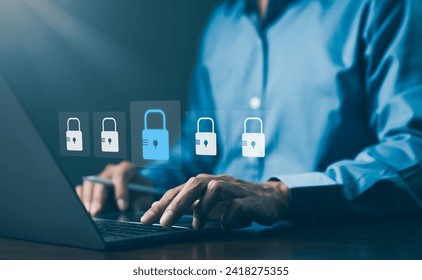 Cybersecurity and data protection concept. User enter password for personal information access. Data login protect and secure internet access, padlock technology, cyber security, encryption privacy,