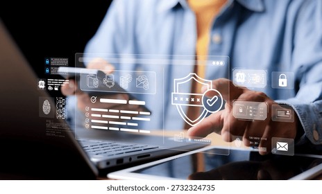 Cybersecurity and data protection concept. User interacting with secure digital interface, password authentication, encryption, AI security and information privacy technology.