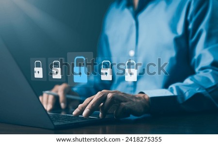 Cybersecurity and data protection concept. User enter password for personal information access. Data login protect and secure internet access, padlock technology, cyber security, encryption privacy,
