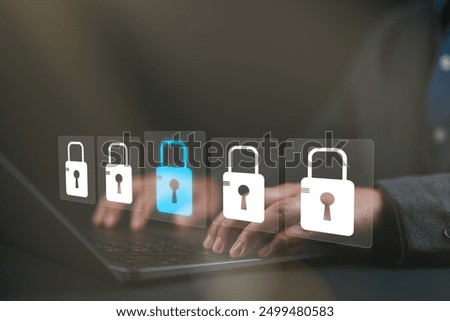 Cybersecurity and data protection concept. User enter password for personal information access. Data login protect and secure internet access, padlock technology, cyber security, encryption privacy,